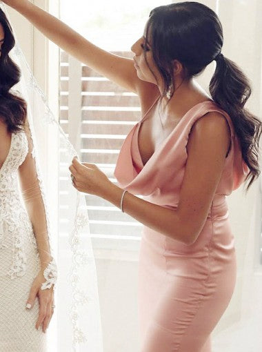 Unique Spaghetti Straps V-neck Pink Backless Slit Long Bridesmaid Dress, BD0518