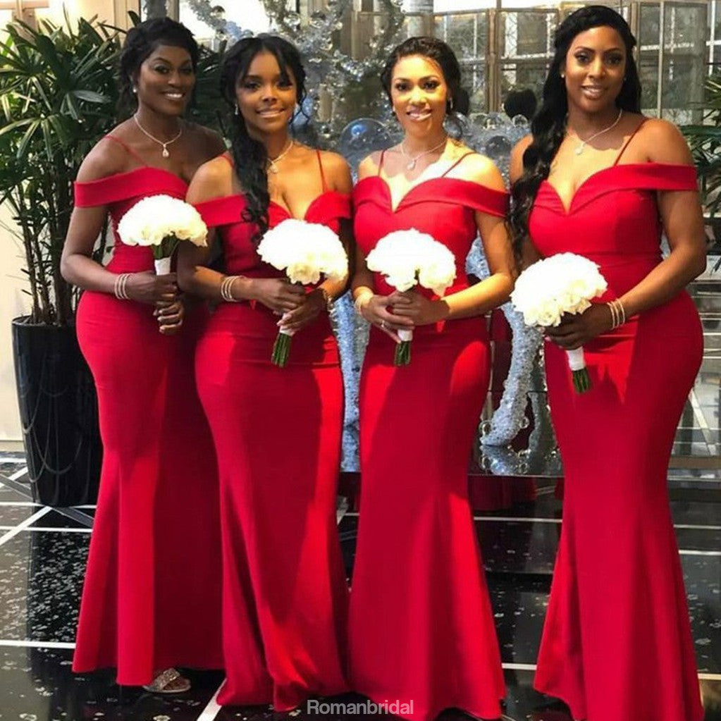 Mermaid Off-the-Shoulder Sleeveless Floor-Length Modern Red Bridesmaid Dress, BD0487