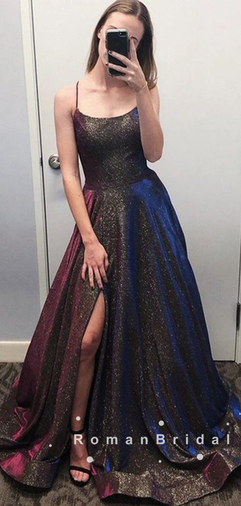 Shinny A-Line Spaghetti Straps Split Side Long Prom Dresses,RBPD0029