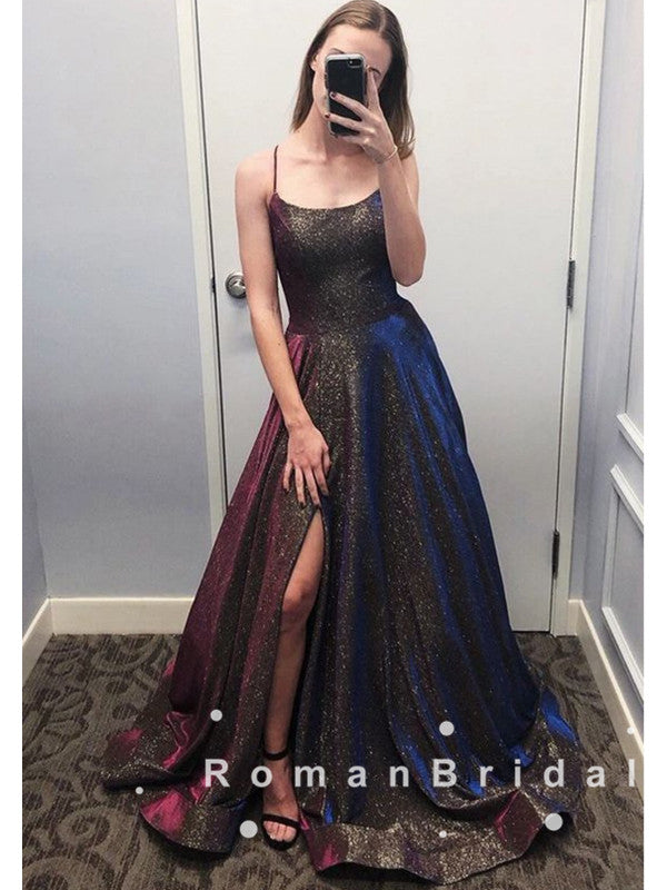 Shinny A-Line Spaghetti Straps Split Side Long Prom Dresses,RBPD0029
