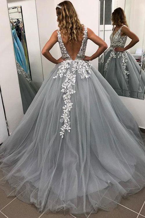 Grey Deep V-neck Tulle Appliques Beading Prom Dresses, PD0702