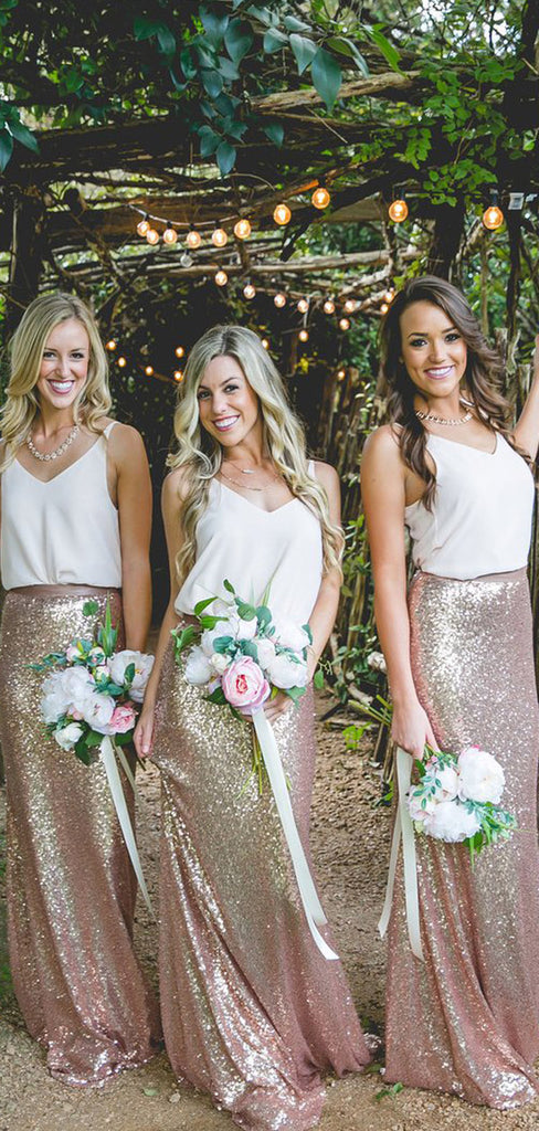 Two pieces Cheap Country Rose Gold Sequins  V-Neck Sleeveless long bridesmaid dresses , BD0423