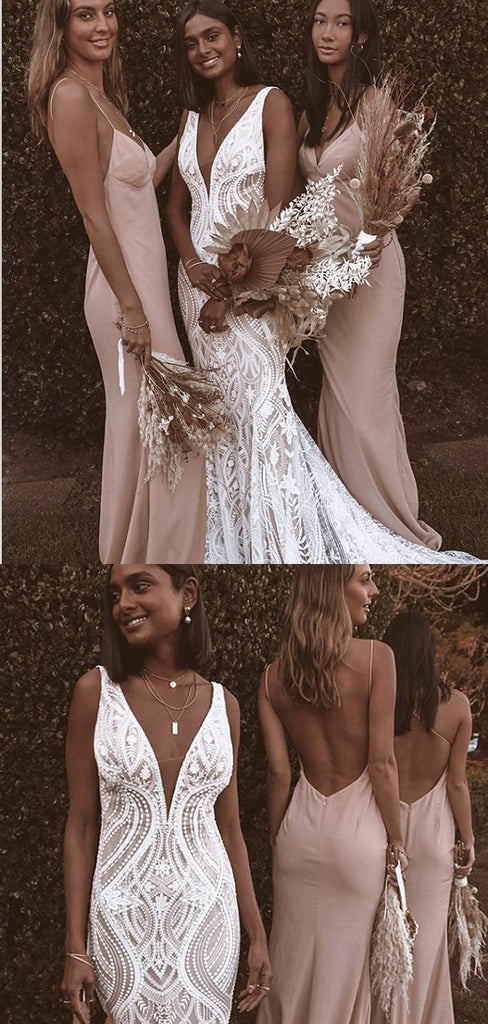 Charming Spaghetti Straps Open Back Long Bridesmaid Dresses, BD0567