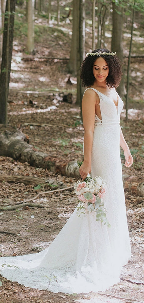 New Arrival Mermaid V-neck Appliques Sleeveless Lace Wedding Dresses, PD0418