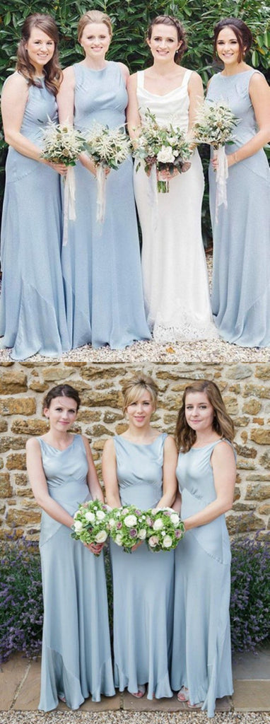 A-Line Round Neck Sleeveless Light Blue Satin Simple Cheap Bridesmaid Dress, BD0507