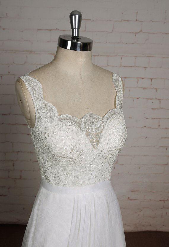 A-line V-neck Lace Top Tulle Skirt Sleeveless Simple Cheap Wedding Dress, WD0373