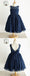 A-line See-though Full Navy Blue Lace Flower Girl Dresses With Bow, FG0147
