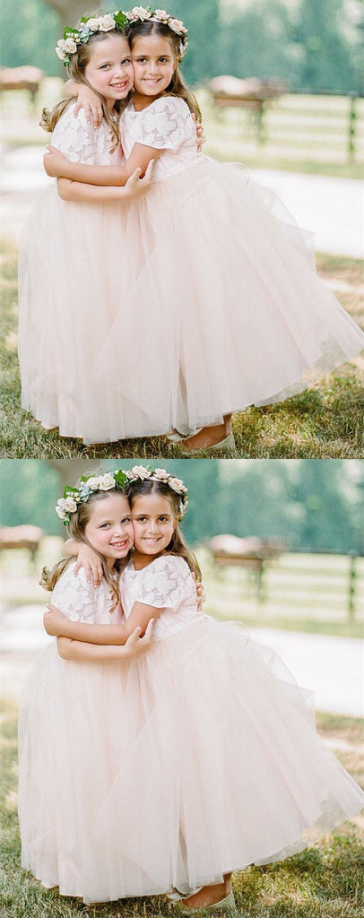 Round Neck Short Sleeves Long Tulle Flower Girl Dresses, FG0151