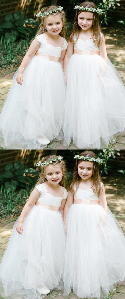 New Arrive Sweetheart Cap-sleeves Long Tulle Flower Girl Dresses, FG0137