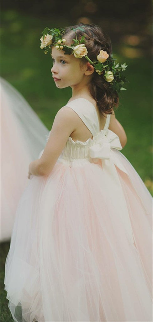 A-line Princess Sleeveless Pink Tulle Flower Girl Dresses With Bow, FG0145