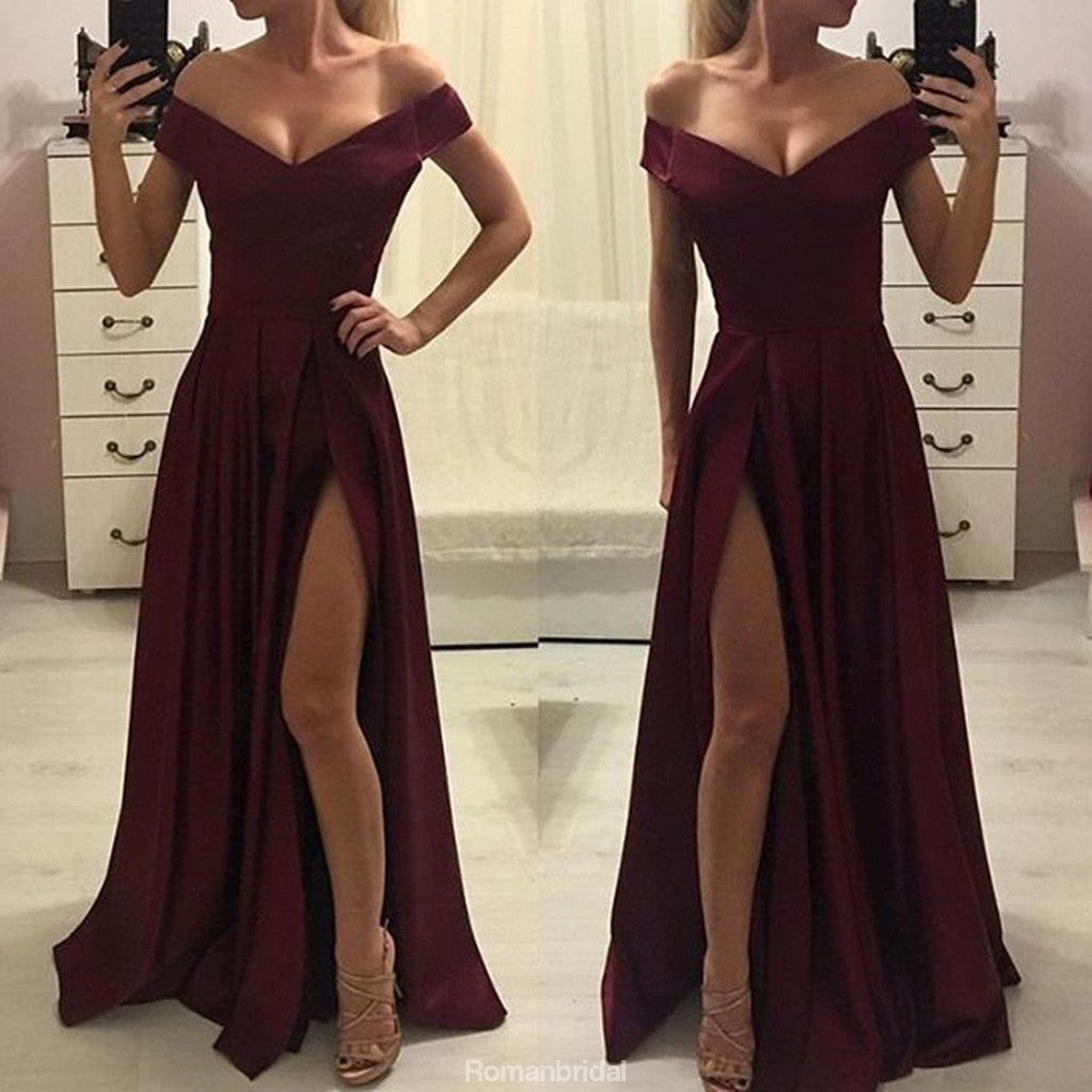 Off-shoulder Burgundy High Split Simple Cheap Prom Dress, PD0636