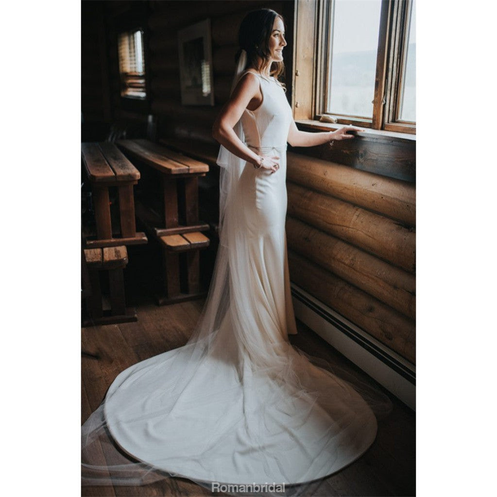 Mermaid Sleeveless Bateau Neck Backless Long Wedding Dresses, WD0440
