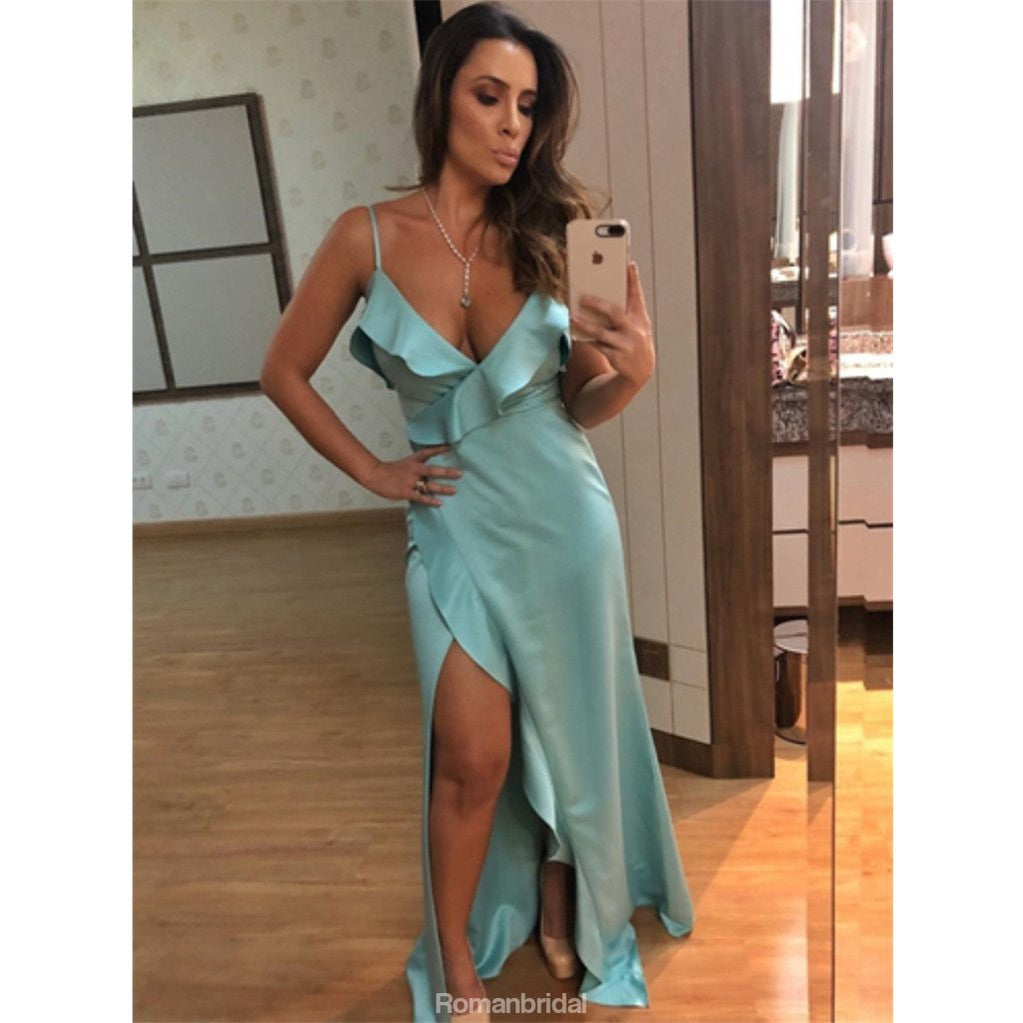 Spaghetti Straps V-neck Sexy Long Prom Dresses With Ruffles, PD0145