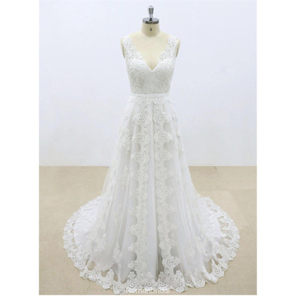 Hot Selling Gorgeous V-neck Lace Sleeveless Wedding Dresses with train, WD0367