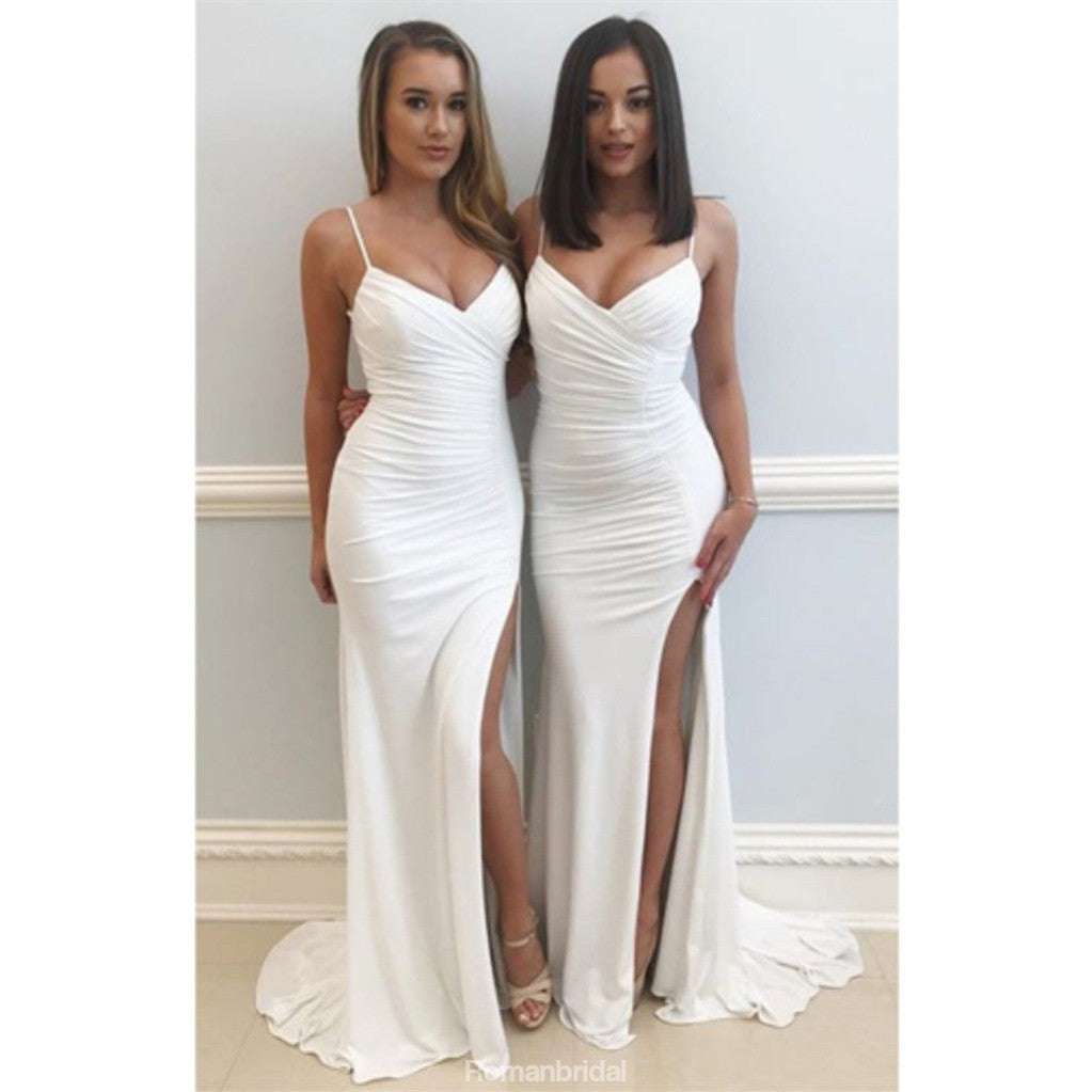 Spaghetti Straps White V-neck High Split Long Prom Dress, PD0598