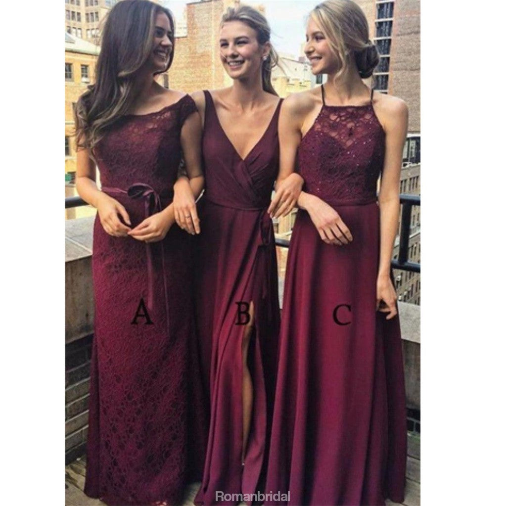 Unique Sexy Lace Dark Red High Slit Cheap Long Bridesmaid Dresses, BD0461