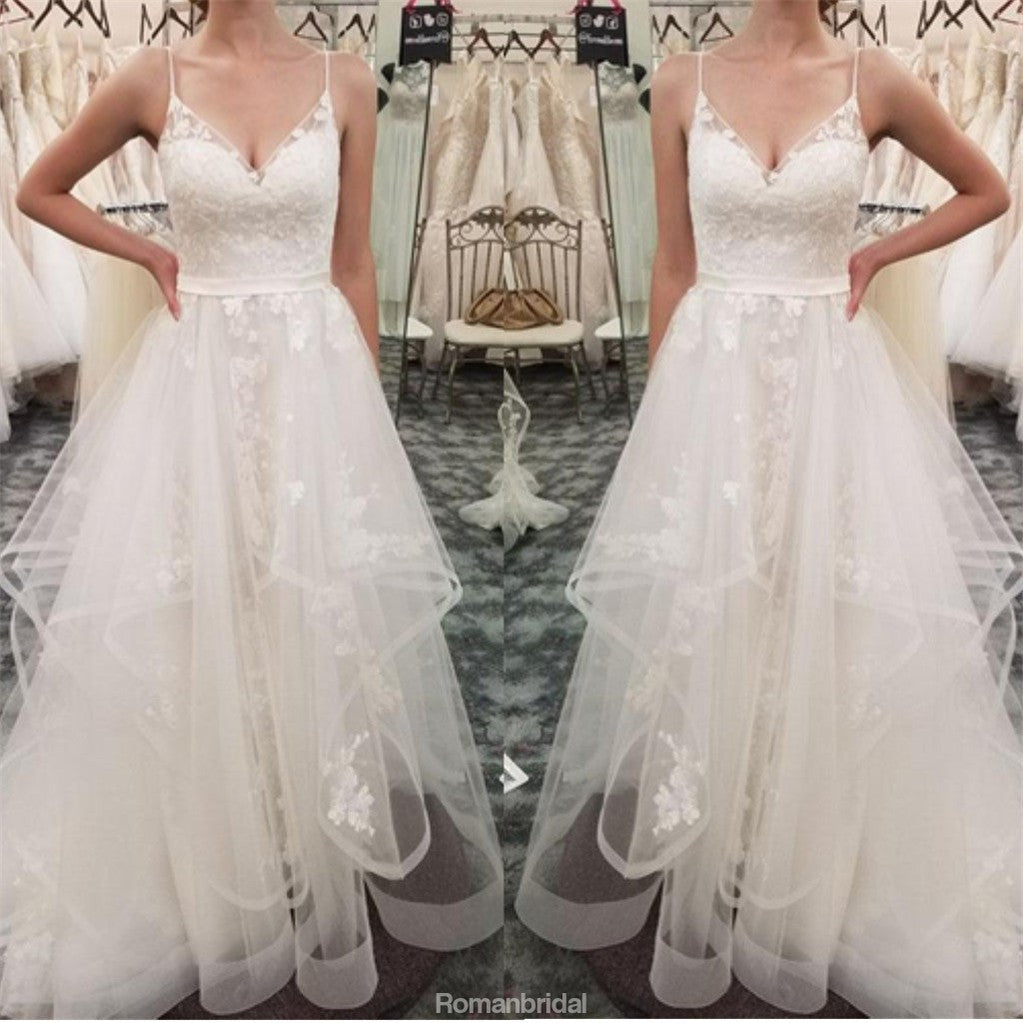 Spaghetti Straps Lace Appliques Organza Cheap Wedding Dresses, WD0425