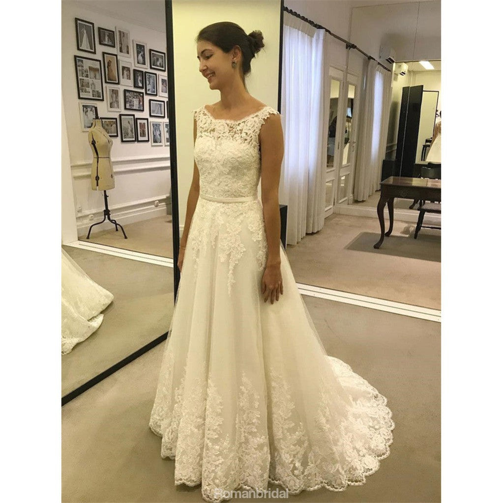 Cheap Ivory Long Lace A-line Modest Beach Wedding Dresses With Belt, WD0424