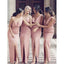Unique Spaghetti Straps V-neck Pink Backless Slit Long Bridesmaid Dress, BD0518