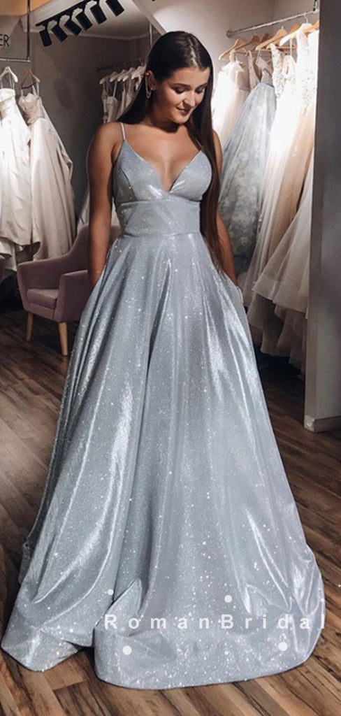 Elegant A-Line V-Neck Spaghetti Straps Grey Long Prom Dresses,RBPD0031