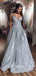 Elegant A-Line V-Neck Spaghetti Straps Grey Long Prom Dresses,RBPD0031