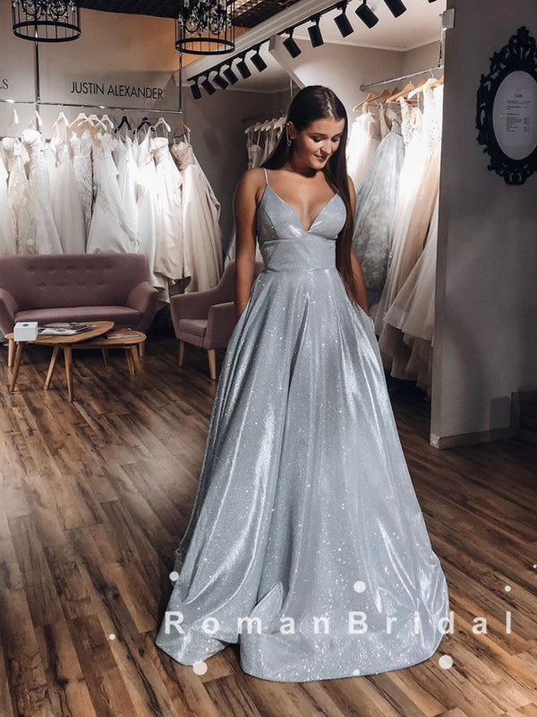 Elegant A-Line V-Neck Spaghetti Straps Grey Long Prom Dresses,RBPD0031