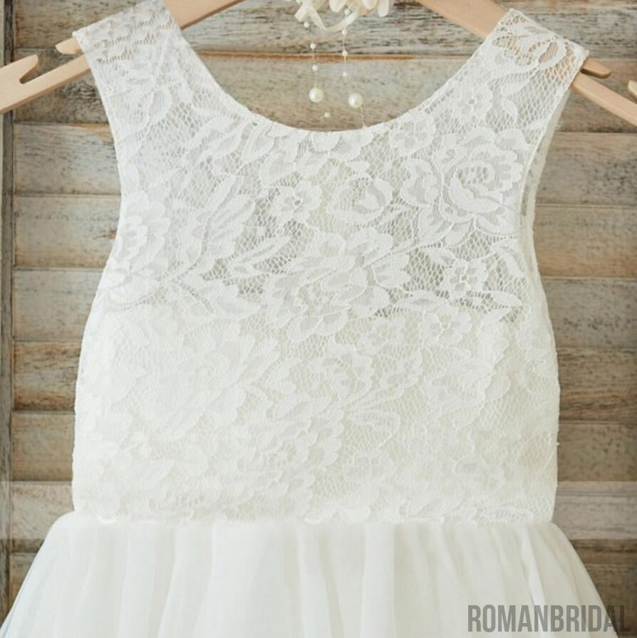 Lovely Princess Off White Lace Tulle Sleeveless Round Neck  Flower Girl Dresses, FGS035