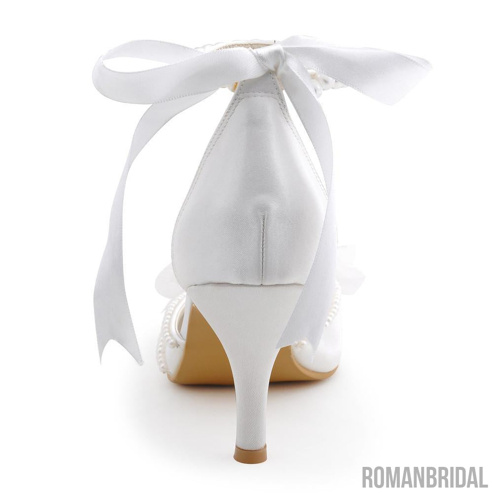Pearls Women Wedding Shoes With Ribbons Lace Up Party Shoes Pointed Toes, S030