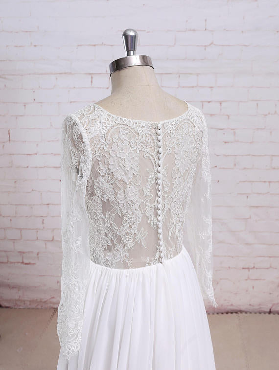 Newest Round Neck Long sleeves Lace Top Chiffon Simple Beach Wedding Dresses, WD0368