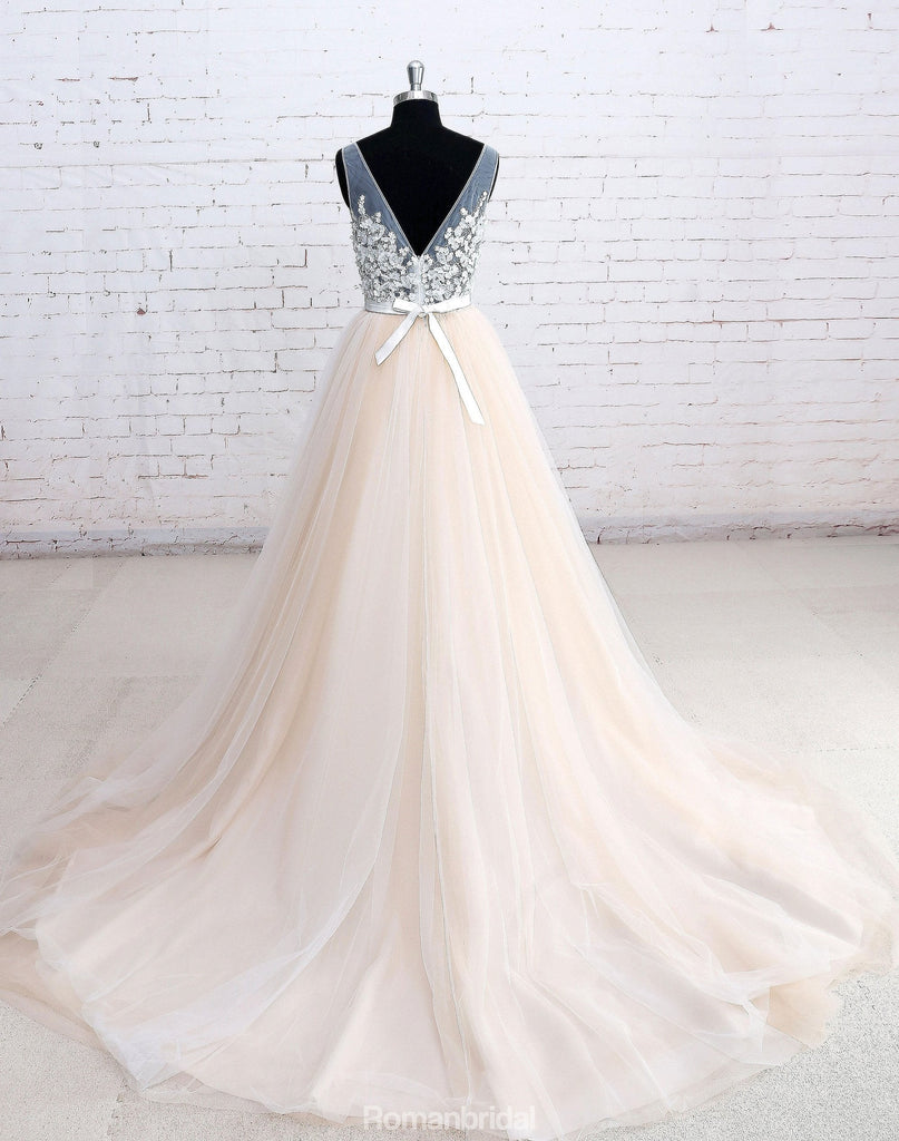Popular Sexy Deep V-neck sleeveless Applique Tulle Wedding Dresses With Train, WD0348