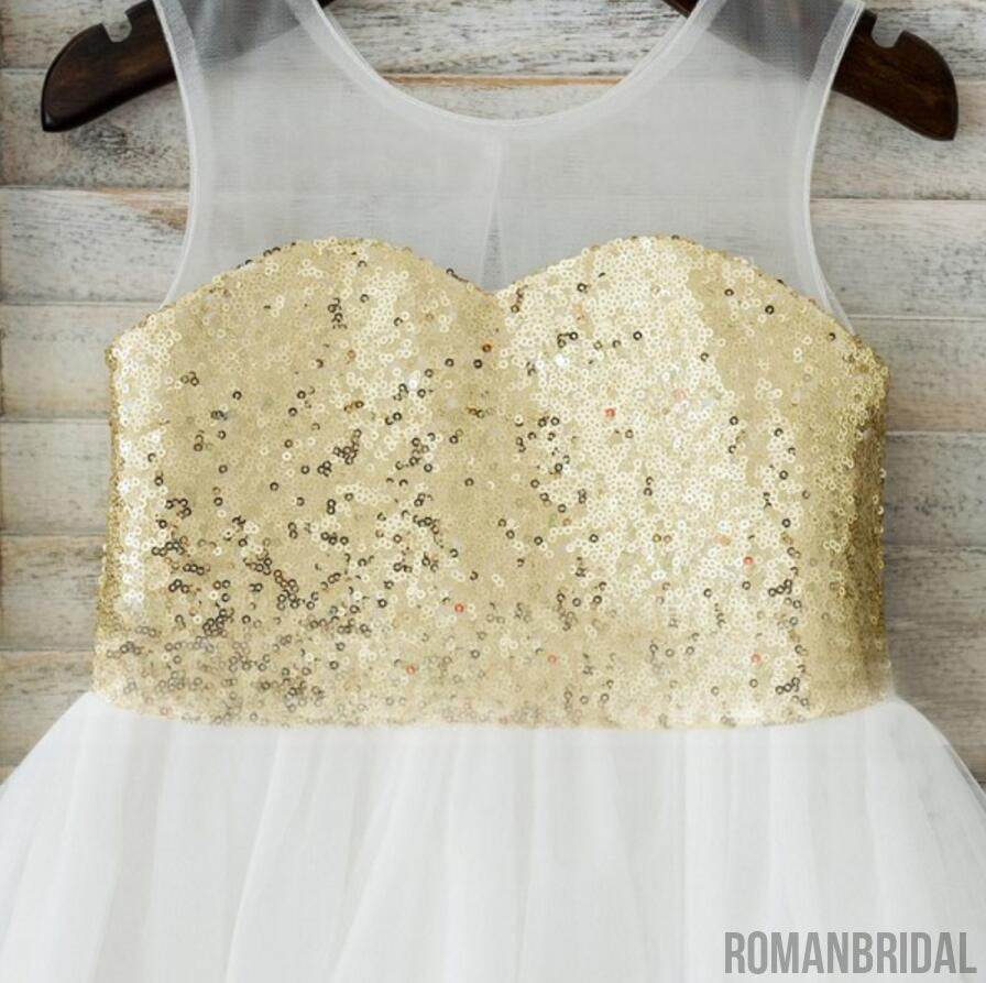 Lovely Shiny Golden Sequins Sweetheart Round Neck Sleeveless Flower Girl Dresses, FGS036