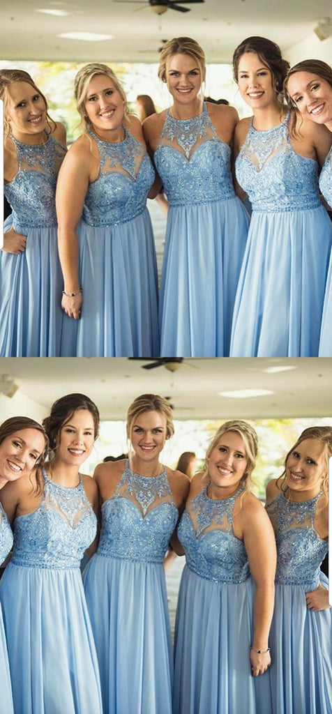 A-line Halter Lace Appliques Top Blue Chiffon Bridesmaid Dresses, BD0523