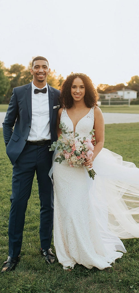 New Arrival Mermaid V-neck Appliques Sleeveless Lace Wedding Dresses, PD0418