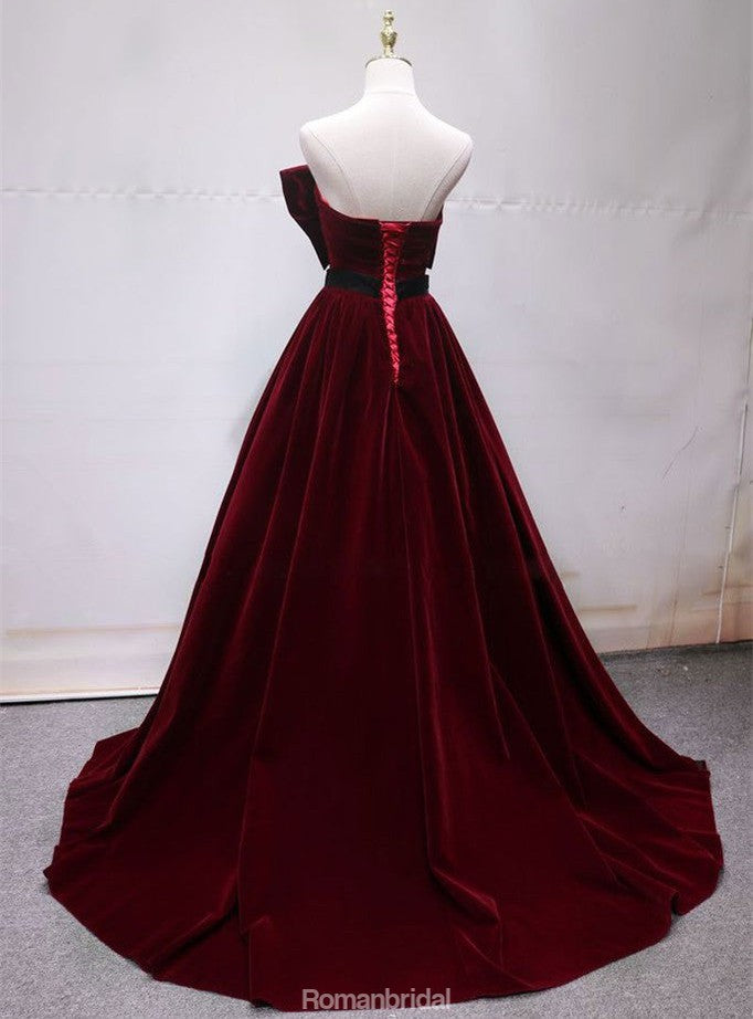Gorgeous Burgundy Lace Back Up Prom Dresses With Belt, PD0703