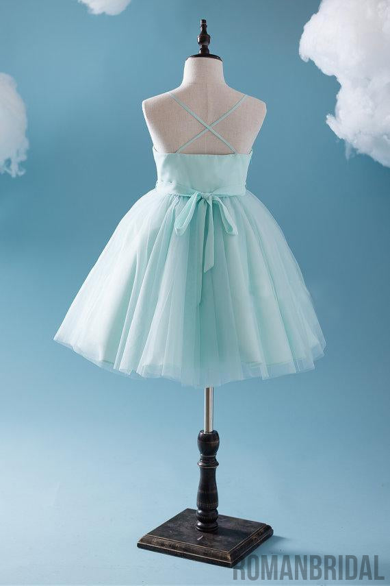 Cute Tiffany Blue Spaghetti Tulle Satin Flower Girl Dresses, Cheap Popular Little Girl Dresses, FG050