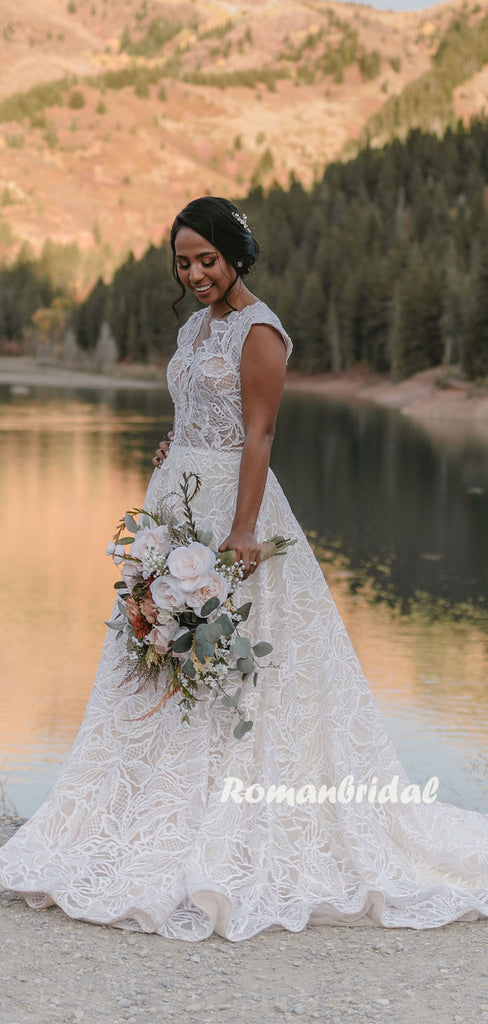 Charming V-neck A-line Lace Cheap Long Wedding Dresses Online,RBWD0034