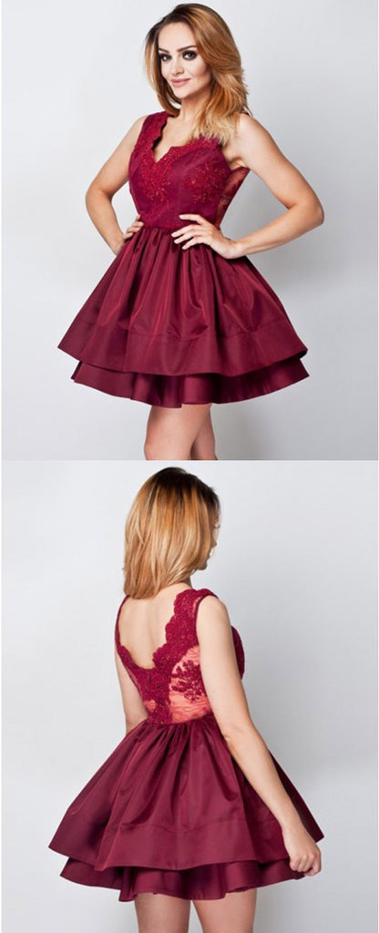A-Line V-Neck Appliques Top Sleeveless Burgundy Homecoming Dresses, HD0540