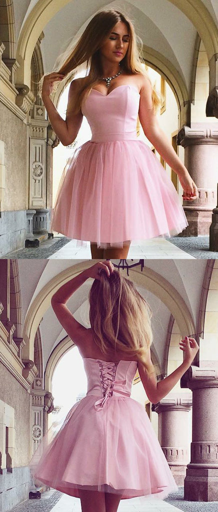 Sweetheart Strapless Lace-up Back Pink Tulle Homecoming Dresses, HD0549