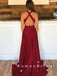 Simple A-Line Deep V-Neck Sleeveless Burgundy Split Side Cheap Long Prom Dresses,RBPD0041