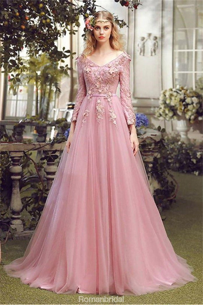 Floor-length A-line V-neck long sleeve evening dress,  Pink lace applique Back strap long prom dresses,PD0517