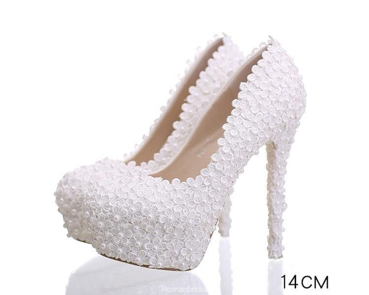 Pearls Lace Pointed Toe White High Heels Wedding Bridal Shoes, S016