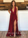 Simple A-Line Deep V-Neck Sleeveless Burgundy Split Side Cheap Long Prom Dresses,RBPD0041