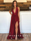 Simple A-Line Deep V-Neck Sleeveless Burgundy Split Side Cheap Long Prom Dresses,RBPD0041