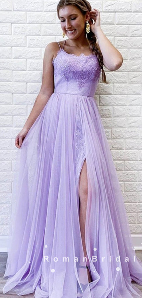 A-Line Spaghetti Straps Tulle Lace Long Prom Dresses With Slit,RBPD0042