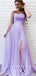 A-Line Spaghetti Straps Tulle Lace Long Prom Dresses With Slit,RBPD0042