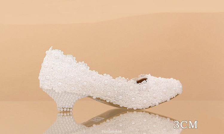 Pregnant Flat Heels Pearls Lace Pointed Toe White Wedding Bridal Shoes, S017