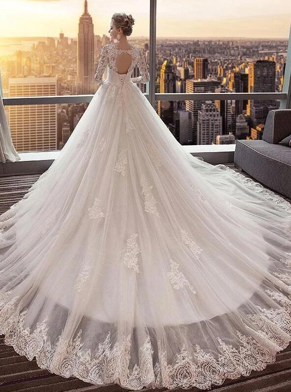Unique 3/4 Sleeves Open-Back Lace Appliques Wedding Dresses With Train, WD0422