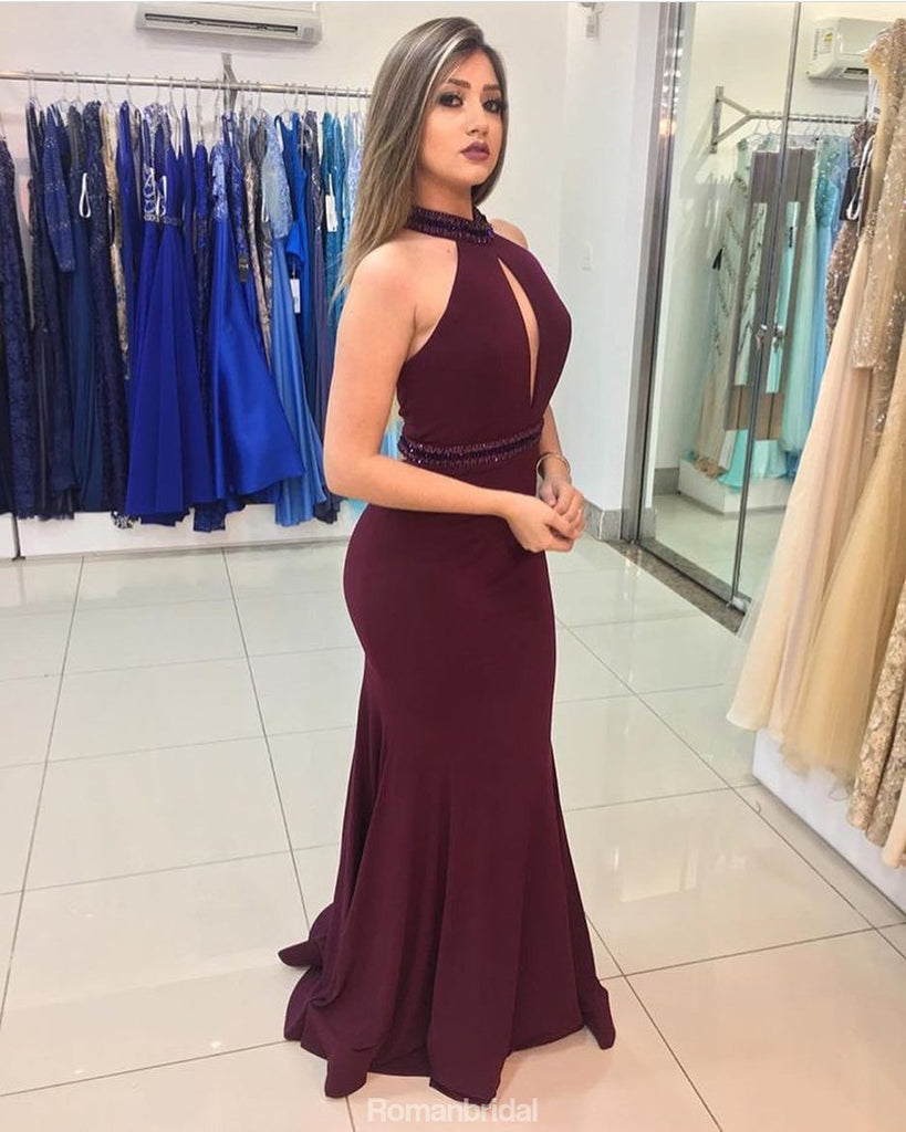 Mermaid Halter Sleeveless Sexy Beading Long Prom Dresses, PD0143