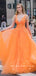 A-Line Deep V-Neck Sleeveless Orange Tulle Long Prom Dresses With Lace,RBPD0046