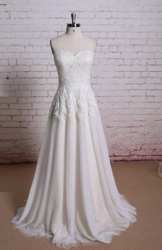 Popular Mermaid Strapless  Lace Appliques Sweep Train Wedding Dresses, WD0341